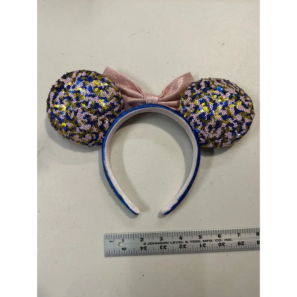 Disney Parks Minnie Mouse Ears Headband Blue Pink Gold Sequin Leopard‎ Print Bow